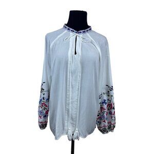 SHEIN Women's White Embroidered Long Sleeve Blouse Sz L